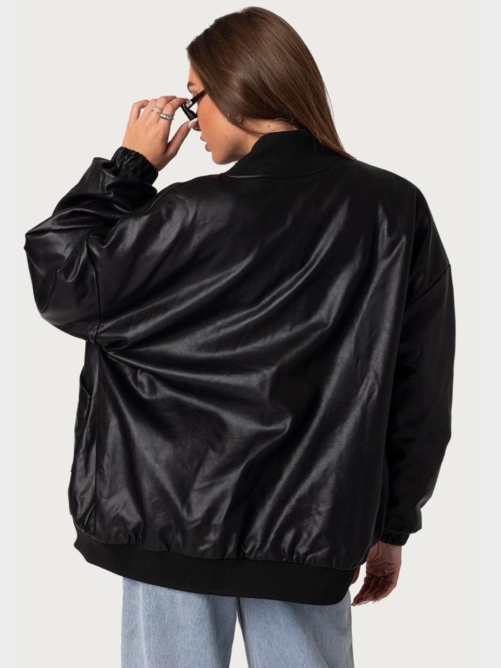 Edikted Black Oversized Leather-Look Bomber Jacket - Picture 2 of 6